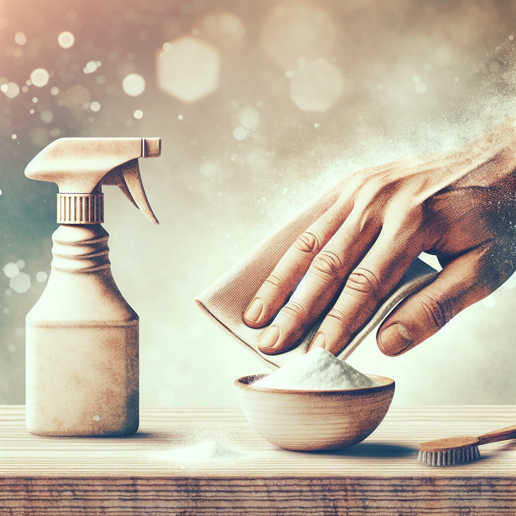 Close-up of a hand wiping a light wooden cabinet with a cloth, a spray bottle and a small bowl of baking soda are subtly visible in the soft-focus background. Bright and clean, emphasizing home remedies against odors. Realistic, clean aesthetic.