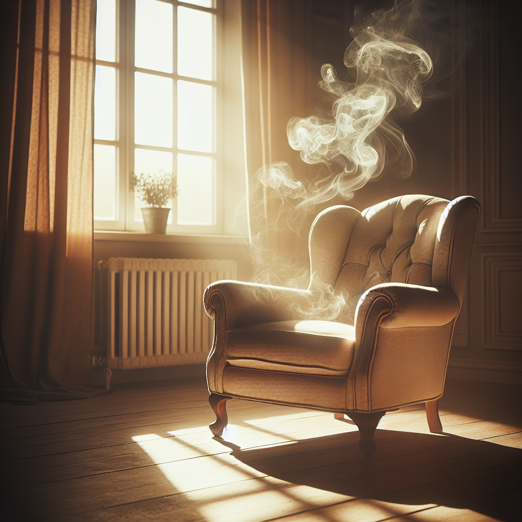 A vintage, slightly worn upholstered armchair in a sunlit living room. From the armchair, a subtle, almost invisible wavy aura symbolizes an unpleasant, lingering smoke smell, contrasting with the otherwise clean and bright room. The atmosphere suggests a need for freshness and purification, perhaps with a window slightly ajar in the background.