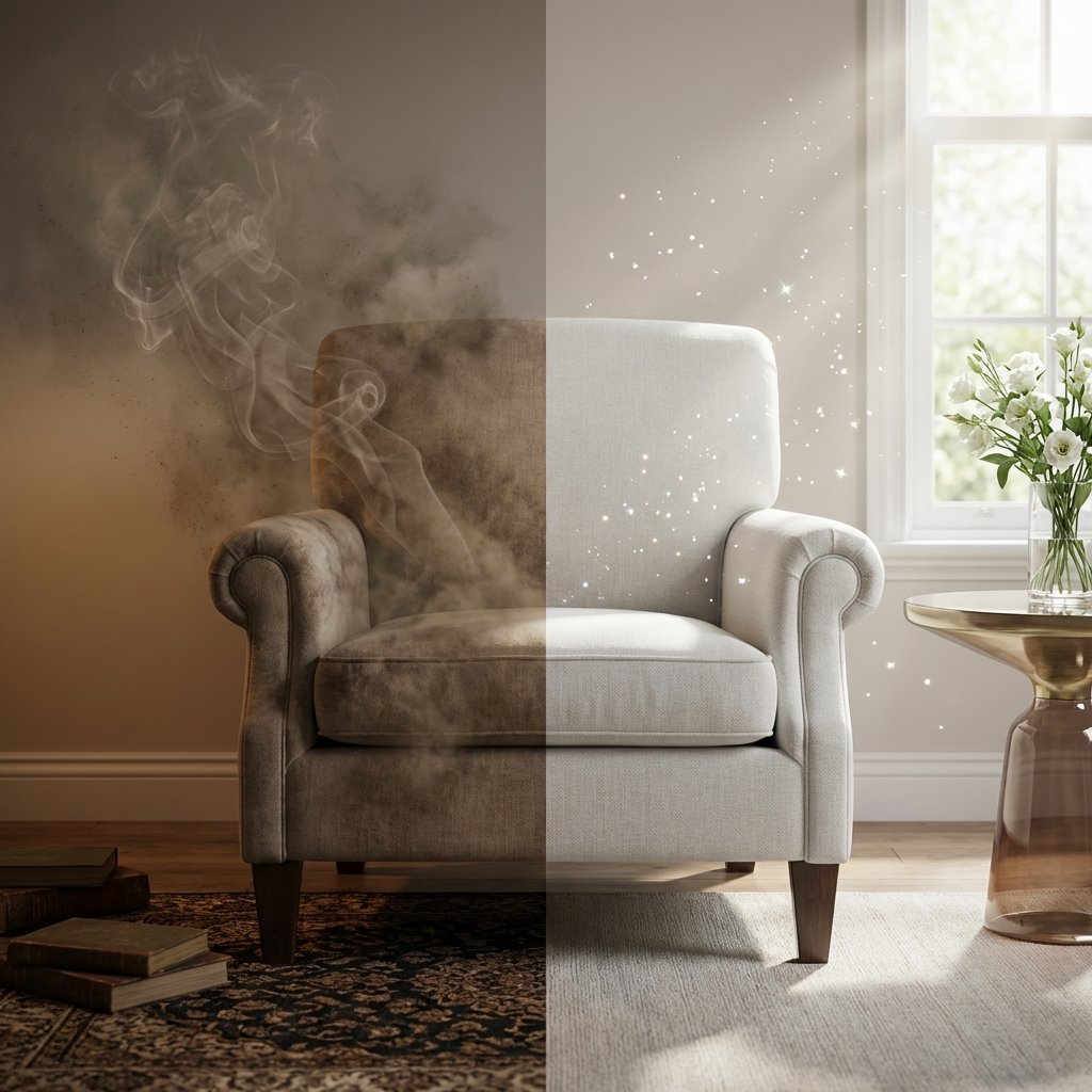 A cozy living room scene, artfully divided to show a stark contrast. On one side, a classic upholstered armchair appears slightly dingy and muted, with subtle, wispy grey-brown fumes or an almost tangible 'heaviness' emanating from its fabric, symbolizing persistent nicotine odor. On the other side, the same armchair looks vibrant and clean, bathed in bright light, with delicate, sparkling motes of 'fresh air' gently rising around it. The overall impression is a transformation from stale to fresh. Professional photo style with soft, natural lighting.