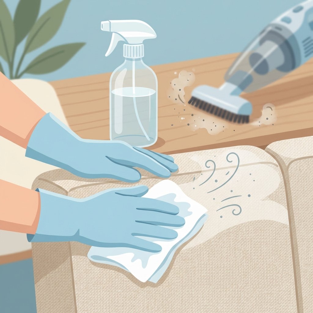 An action-oriented, close-up view showing the multi-step process of deep cleaning furniture. A pair of hands is shown carefully wiping a section of a fabric sofa with a damp, clean cloth, while a spray bottle (with an ambiguous clear liquid) stands nearby. In the background or slightly out of focus, a vacuum cleaner attachment is shown having just been used on another part of the upholstery. The scene visually emphasizes the removal of unseen, embedded particles. Modern, detailed flat illustration with a soft, clean color palette.