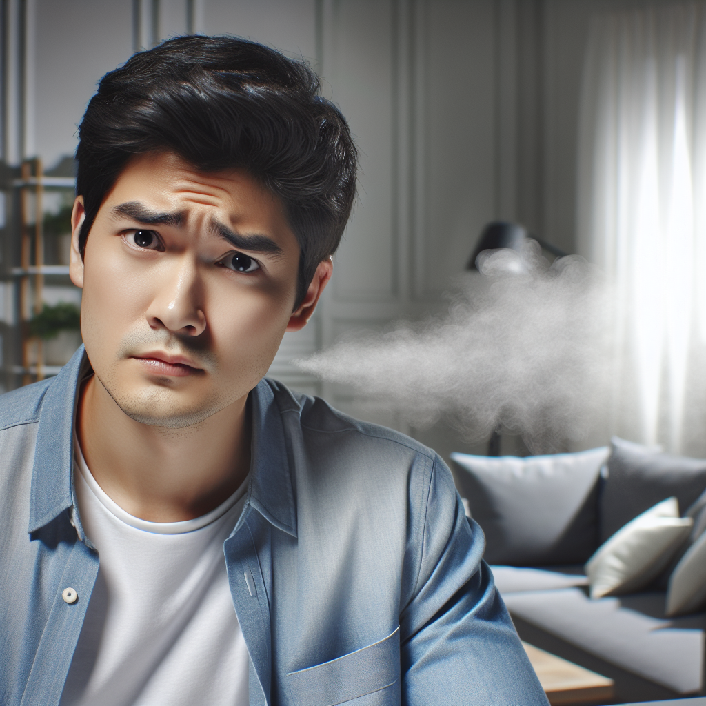 A non-smoking person in their clean, modern living room, looking visibly annoyed or frustrated, subtly reacting to an unseen unpleasant smell. A barely visible, translucent grey haze or a metaphorical representation of intrusive smell is subtly wafting into the room through a partially open window or a vent, suggesting an unwelcome invasion of their personal space. Realistic style, soft dramatic lighting.