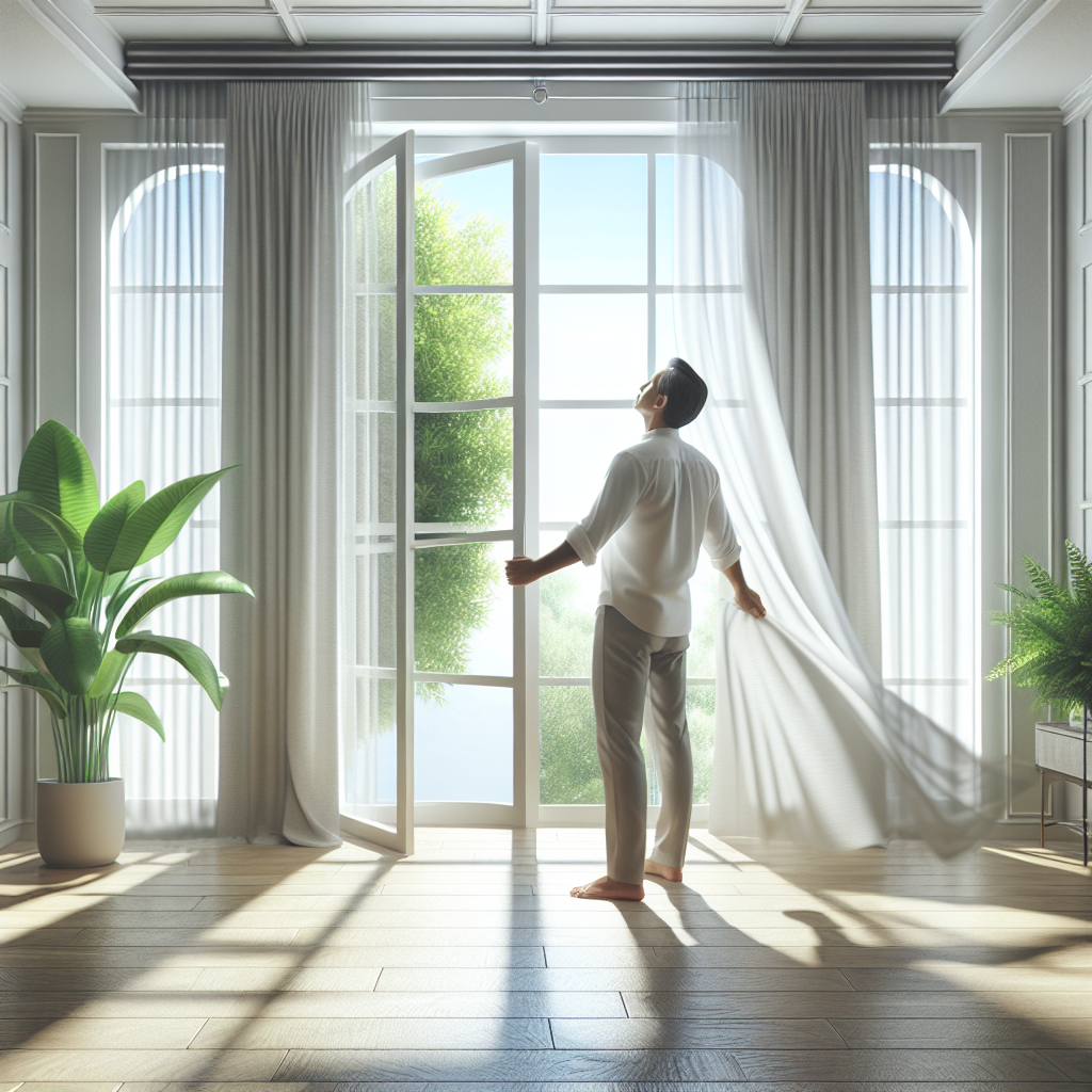 A bright, serene living room with large windows wide open, allowing abundant natural light and fresh, clean air to stream in. A person is standing near the window, taking a deep, relaxed breath, a sense of relief and calm on their face. The room feels airy, clean, and revitalized, with subtle elements like a green plant or sheer curtains gently swaying. Realistic style, inviting atmosphere.
