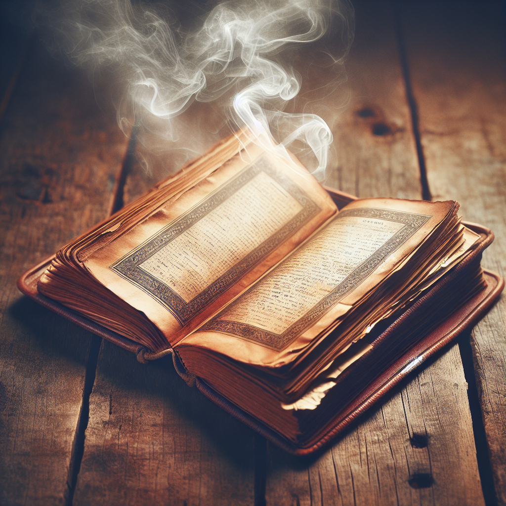 An old, well-worn vintage book with yellowed pages lies open on a rustic wooden table. A subtle, almost visible, smoky haze emanates from the pages, hinting at a strong, persistent nicotine odor. The lighting is soft and slightly dim, conveying a sense of age and a lingering, unpleasant presence. Realistic, high detail.