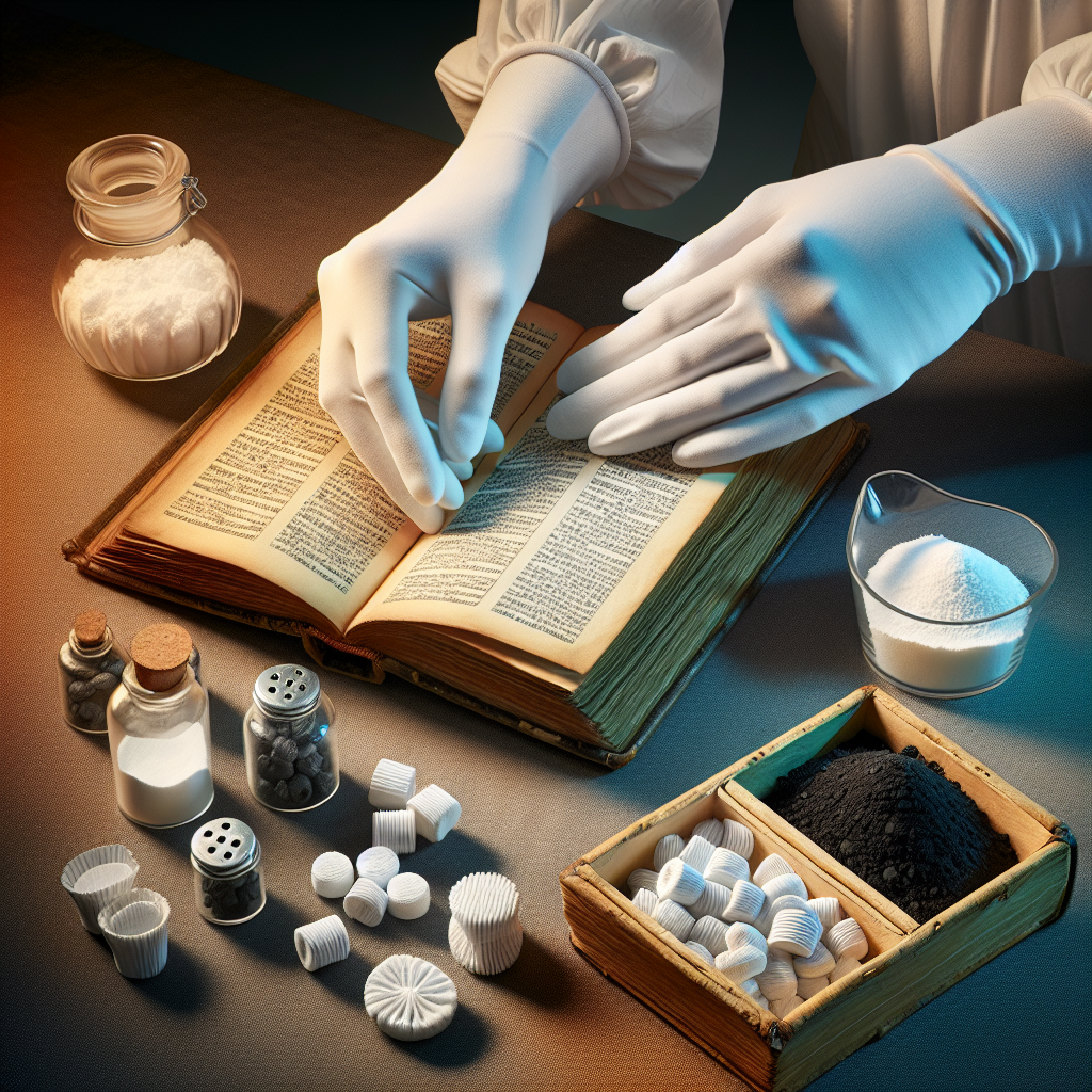 A pair of hands in clean white cotton gloves are gently handling an old, open book, carefully fanning its pages. Next to it, there are small, open containers with white baking soda powder and dark activated charcoal pellets. Bright, natural light streams in, illuminating the scene and suggesting a fresh, clean environment focused on purification and careful restoration. Realistic, high detail.