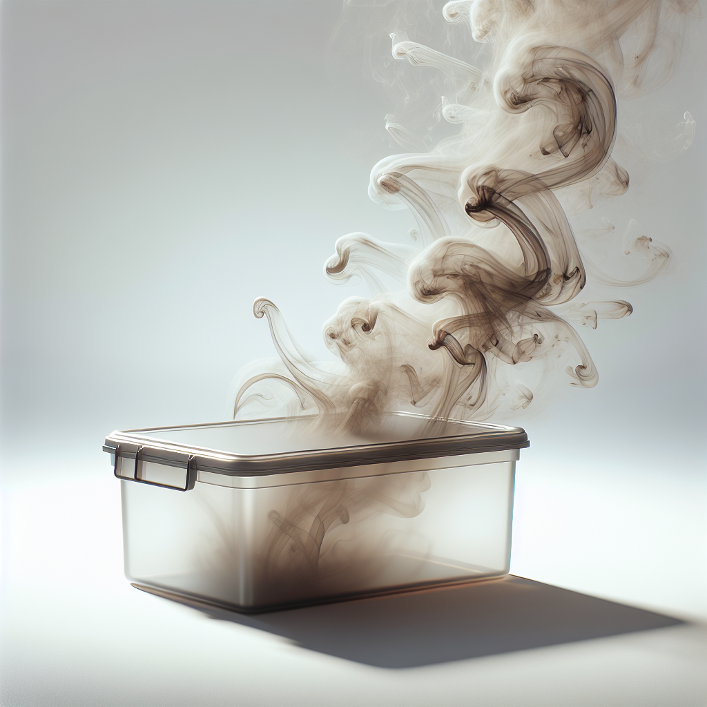 A generic, clean plastic storage box (e.g., for food or tools) shown in a bright, minimalist setting. From one side of the box, subtle, wispy, brownish-grey smoke-like tendrils are visibly retreating and dissipating into thin air, leaving the box looking pristine and sparkling. The background is a soft, clean white or light grey, emphasizing the process of odor removal and freshness. High contrast, studio lighting, hyperrealistic, product photography style.