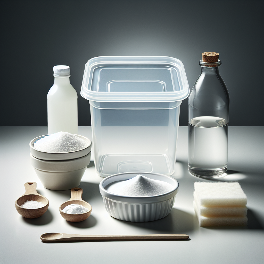 A flat lay composition on a clean kitchen counter. A clean, empty, generic plastic food container or storage box is prominently placed. Around it are natural cleaning ingredients: a small bowl of white baking soda powder with a measuring spoon, a small glass bottle of white vinegar, and a clean, absorbent cloth or sponge. The lighting is bright and even, creating a practical, helpful, and clean aesthetic, suggesting a DIY solution. Focus on natural materials, crisp textures, high detail.