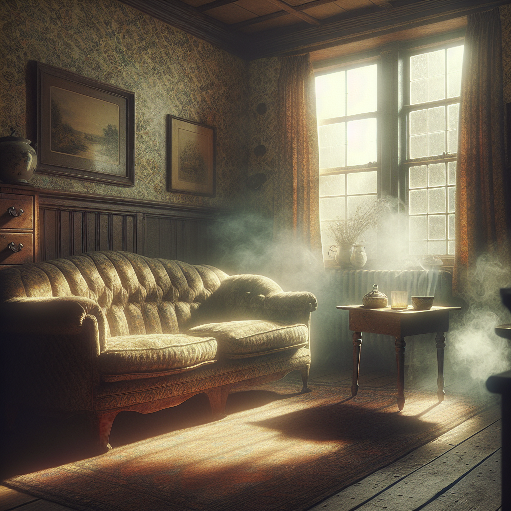 A vintage, somewhat worn fabric sofa in a dimly lit living room, with a subtle, almost visible haze suggesting an unpleasant, persistent nicotine smell. The overall atmosphere is a bit dated and stale, hinting at deeply embedded odors. Realistic photo.