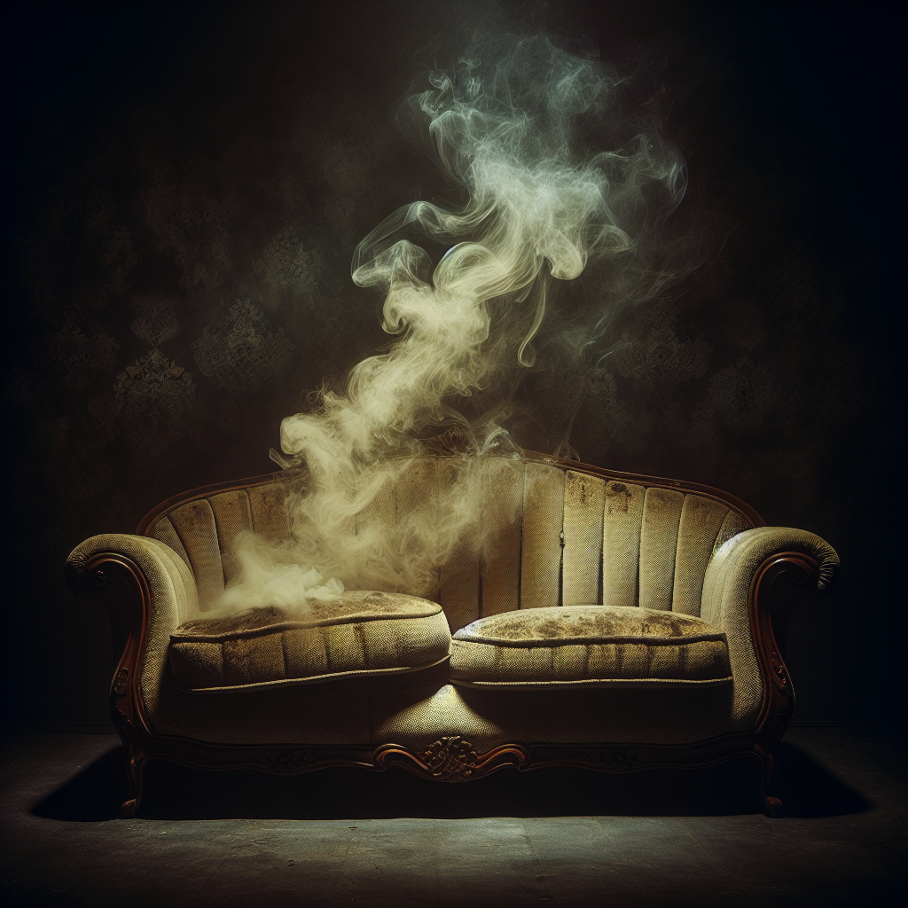 A vintage, plush upholstered sofa in a slightly dim, atmospheric room. Wisps of greyish-yellow cigarette smoke are subtly depicted as if deeply ingrained and slowly emanating from the fabric, giving the impression of a persistent, unpleasant odor. The fabric itself looks a bit tired and worn, reflecting the long-term impact of smoke. Realistic, with a melancholic and slightly eerie mood.
