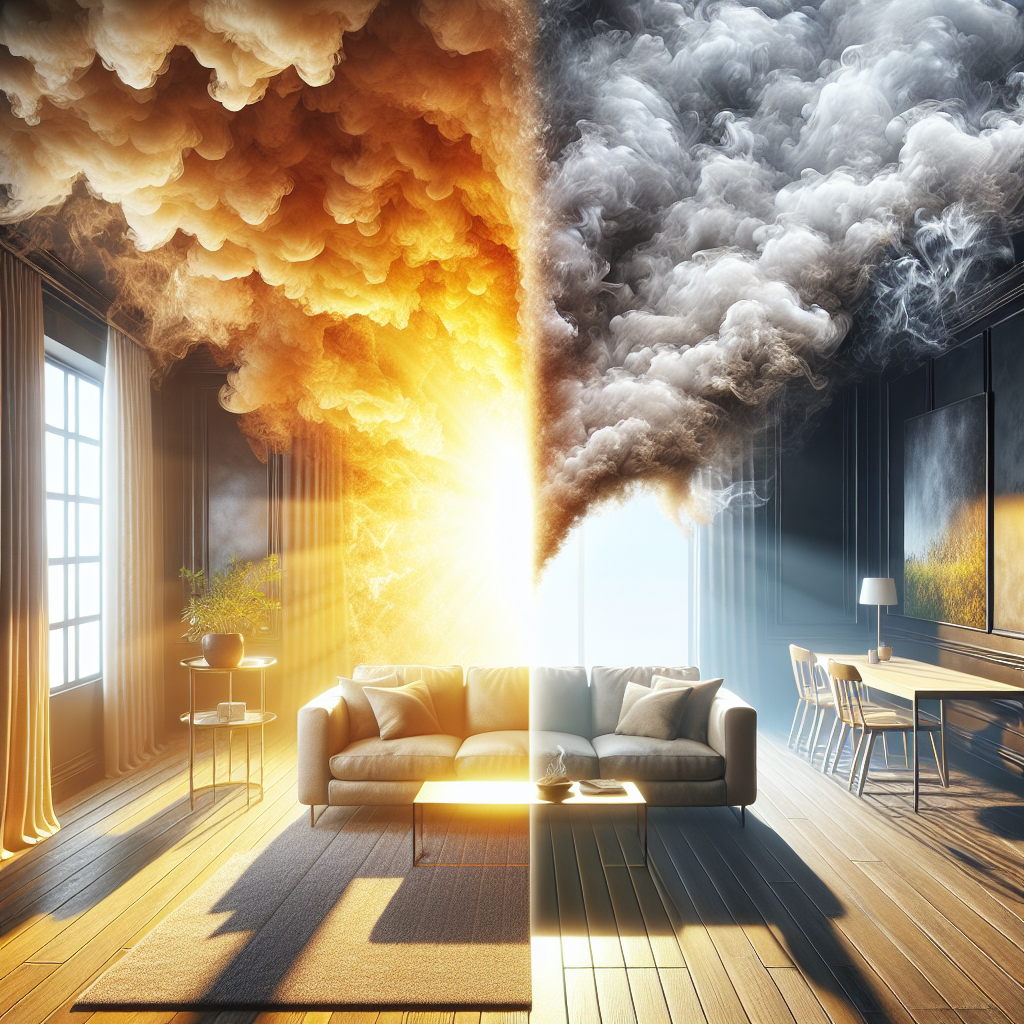 A living room interior, split visually to show a stark contrast: one side is dimly lit and filled with a subtle, yellowish-brown haze representing stale nicotine smoke, while the other side is brightly illuminated with sunlight streaming through a wide-open window, revealing a clean, fresh, and airy atmosphere. The visual transition should be dramatic, symbolizing the removal of odor and the introduction of freshness. Realistic, high-detail photo.