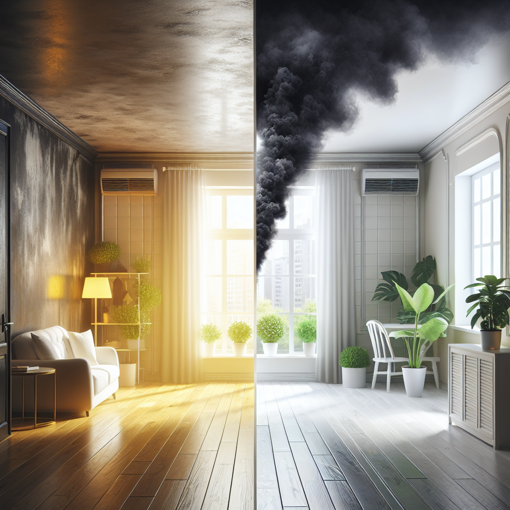 A split image of an apartment room. On one side, it's dark, smoky, with yellowed walls and a heavy, stale atmosphere. On the other side, the same room is bright, airy, with open windows, clean white walls, and fresh plants, symbolizing the effective removal of nicotine smell from a smoker's apartment.