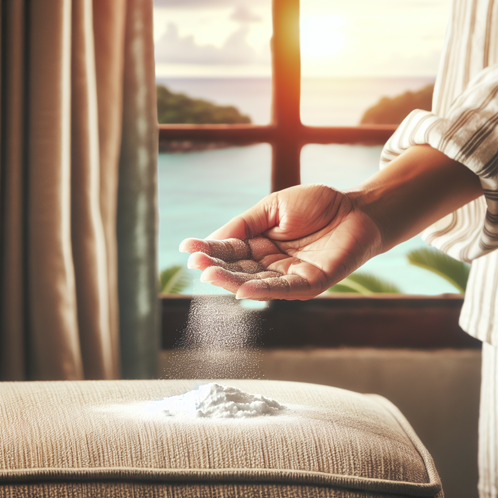 Close-up of a hand sprinkling white powder (representing baking soda) onto a beige fabric sofa, with a subtle background of open windows and fresh air, illustrating a method for deep cleaning and removing stubborn nicotine odor from furniture in an apartment.