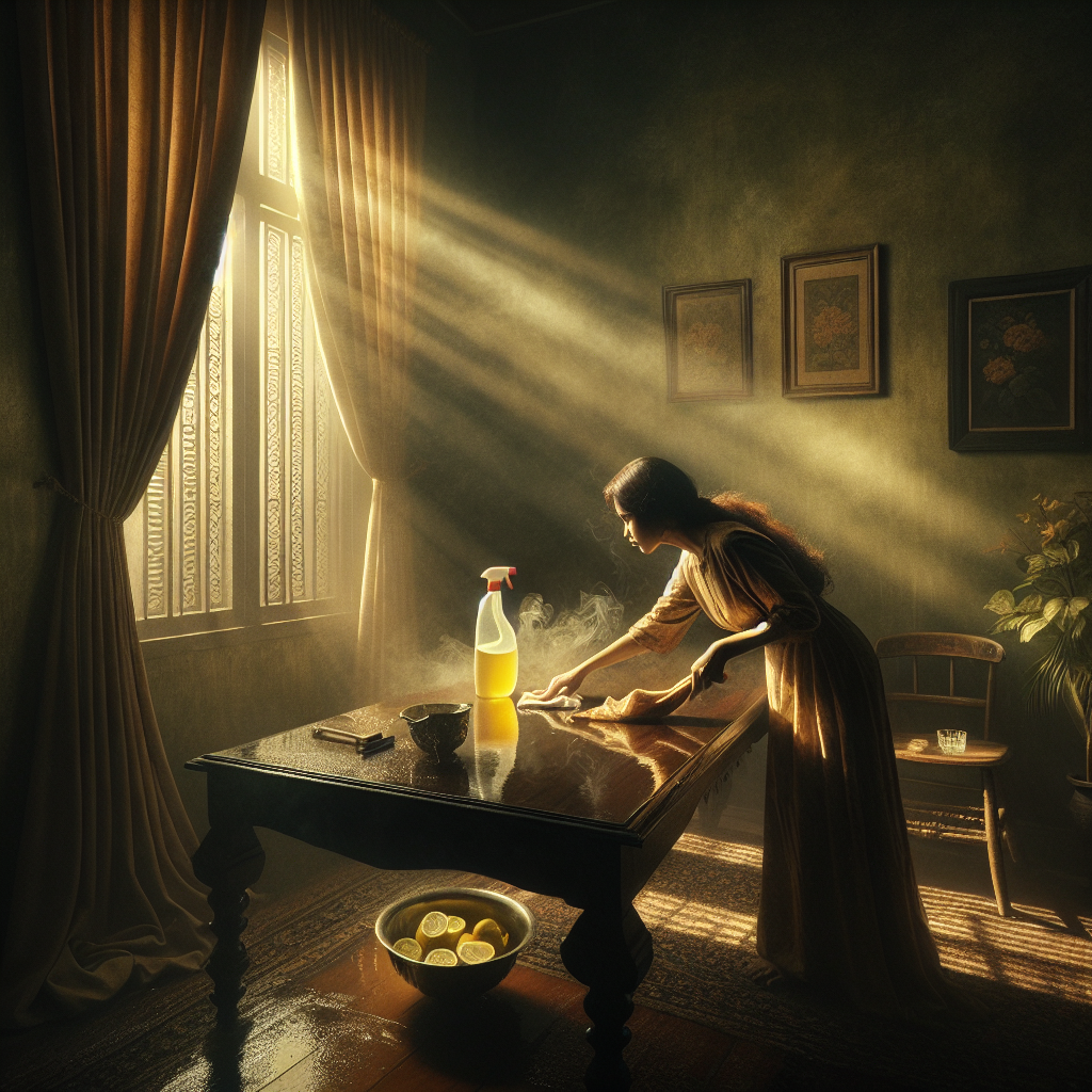 A vintage-style living room, slightly dim, with a subtle yellowish tint on the walls and a heavy, draped curtain. Sunlight from a slightly ajar window pierces the room, revealing faint, almost invisible wisps of lingering cigarette smoke near the ceiling. In the foreground, a person's hands are actively scrubbing a wooden table with a wet cloth and a cleaning spray bottle visible. A bowl of cut lemons sits on a nearby surface. The overall mood should be one of active cleaning and battling a stubborn odor, transitioning towards freshness, with a touch of nostalgia.