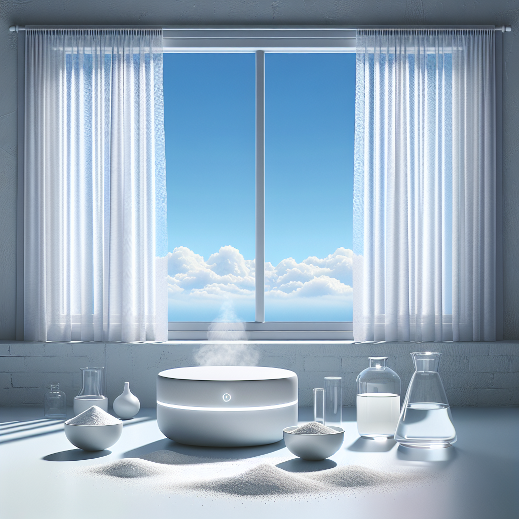 A bright, meticulously clean and minimalist room with large open windows showcasing a clear blue sky. A state-of-the-art air purifier is subtly placed in a corner, its light indicating operation. On a clean, light-colored surface, small, aesthetic ceramic bowls contain white powder (representing baking soda) and a clear liquid (representing vinegar), presented elegantly. Fresh, crisp white curtains billow gently in the breeze. The scene should evoke complete freshness, purity, and the successful removal of all odors, with no trace of smoke, emphasizing advanced cleaning and natural remedies.