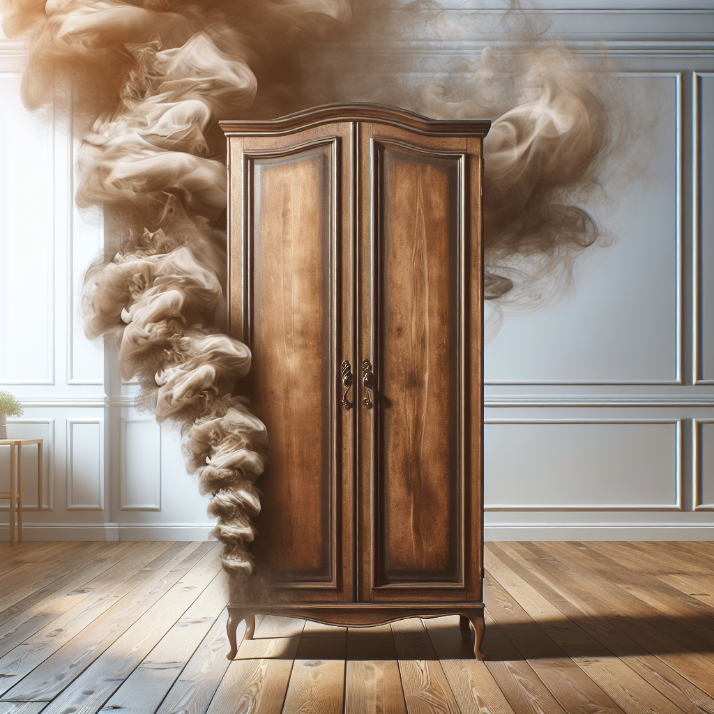 A vintage wooden wardrobe with its door slightly ajar, emitting a visible, swirling, unpleasant brown smoke or vapor, symbolizing a strong, persistent nicotine smell. The background is a clean, bright room, creating a stark contrast. Emphasize the lingering, heavy quality of the odor. Realistic, detailed, photography style.