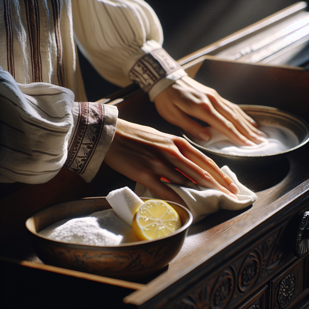Close-up of hands meticulously wiping the interior wooden surfaces of an old wardrobe with a damp cloth. In the foreground, there's a small bowl of white baking soda and a cut lemon, representing natural cleaning agents. Sunlight streams gently into the wardrobe, highlighting the cleaning process and the promise of freshness. Realistic, detailed, photography style.