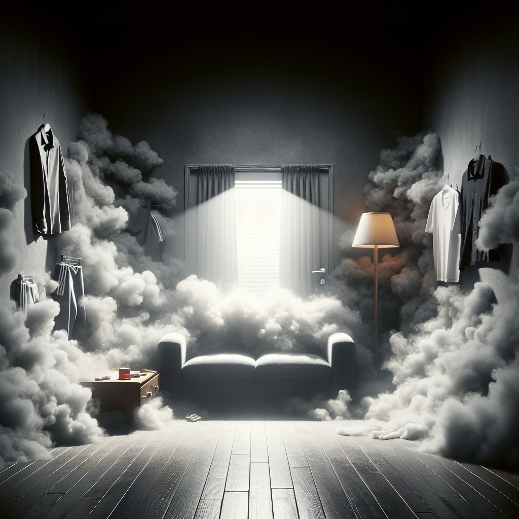 A dense, unpleasant grey cloud of cigarette smoke smell clinging stubbornly to various fabrics like a shirt, a curtain, and an upholstered chair in a dimly lit room. In contrast, a bright, clean ray of light breaks through, hinting at freshness and cleanliness. Realistic, slightly symbolic.