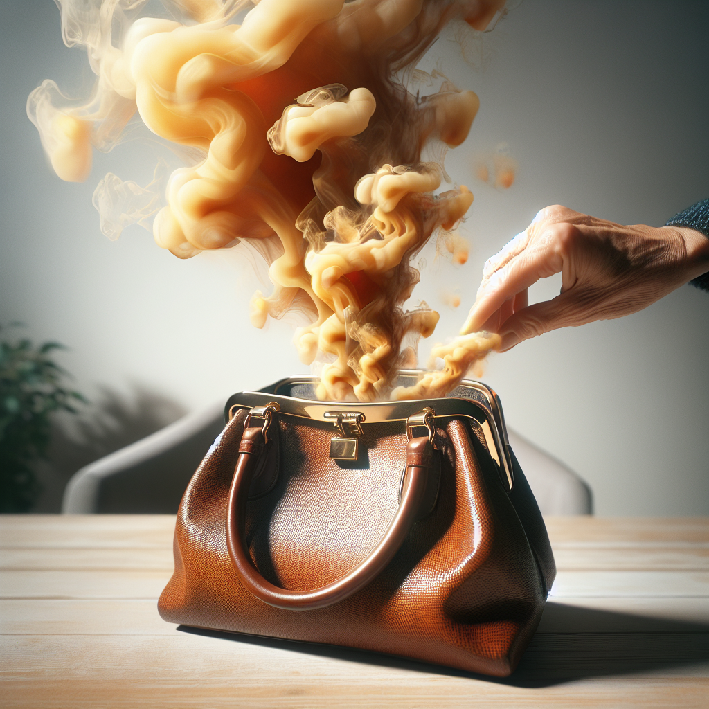 A stylish leather handbag, partially open, with a visible, swirling cloud of unpleasant, slightly yellow-brown smoke emanating from its opening, representing a strong nicotine smell. A subtle hand recoils slightly nearby. The background is softly blurred, perhaps a neutral home setting. Photorealistic, high detail on the bag and the smoky odor.
