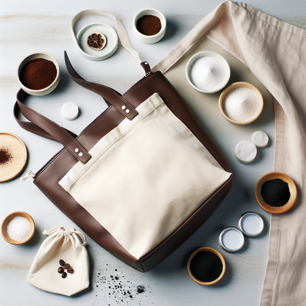 A minimalist flat lay photograph. An open, clean canvas tote bag or a sophisticated leather purse lies on a light wooden or marble surface. Inside or neatly arranged around the bag are small, elegant bowls or fabric sachets containing natural odor absorbers: white baking soda, dark coffee grounds, and black activated charcoal. The scene conveys a sense of freshness, cleanliness, and practical solutions. Bright, natural lighting.