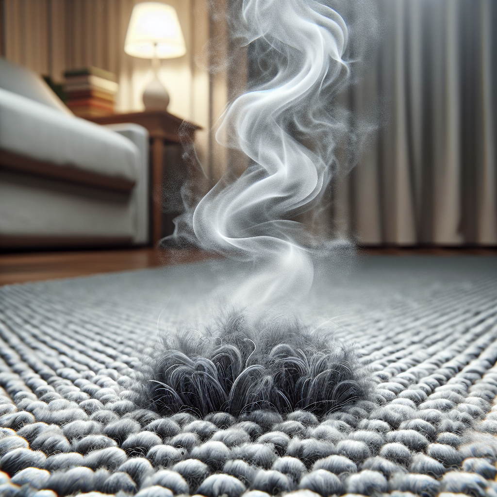 A close-up image of a carpet, with subtle, unpleasant grey smoke-like wisps visibly rising from its fibers, representing a strong nicotine smell. The setting is a slightly dim, lived-in room, emphasizing the lingering odor.