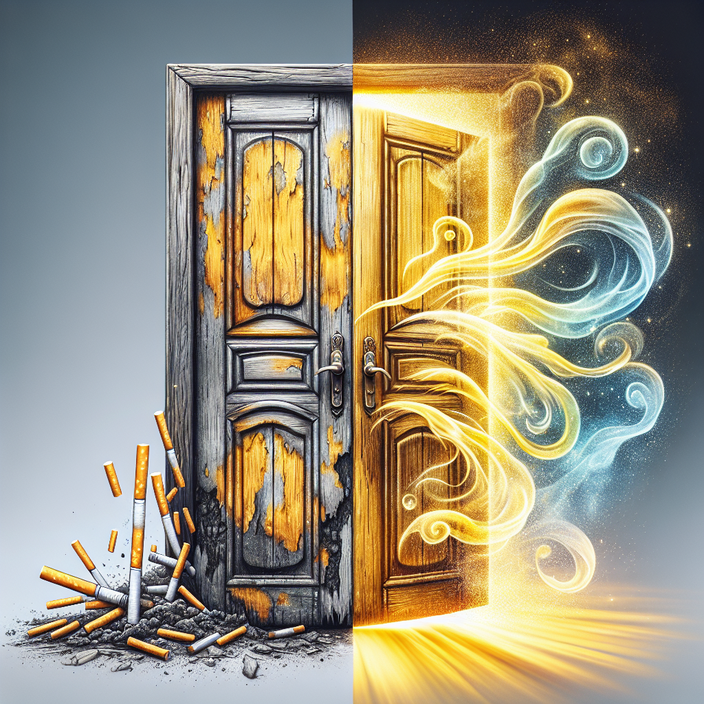 A split image of an old wooden door. On one side, the door is visibly stained with yellowish nicotine residue, with subtle, unpleasant smoky wisps emanating from it. On the other side, the same door is sparkling clean, freshly painted or polished, with bright, fresh air symbols (like a gentle breeze or light rays) indicating a clean, pleasant smell. The transition clearly shows the 'before and after' of removing nicotine odor. Realistic, clean aesthetic, with emphasis on contrast.