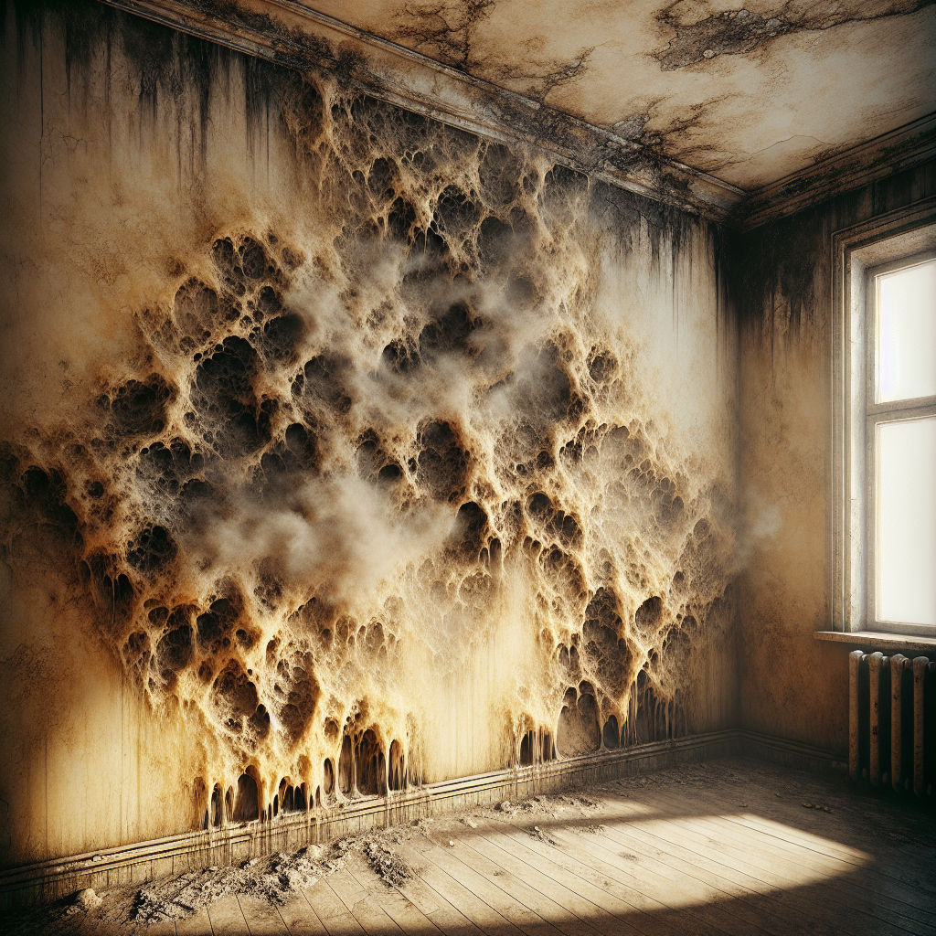 A close-up of a severely yellowed wall in an old apartment, showing distinct nicotine stains and a faint, unpleasant haze. The room feels stagnant, with subtle dust motes in the air, emphasizing the stubbornness and visual impact of years of smoke residue. Realistic, slightly desaturated color palette to highlight the discoloration.