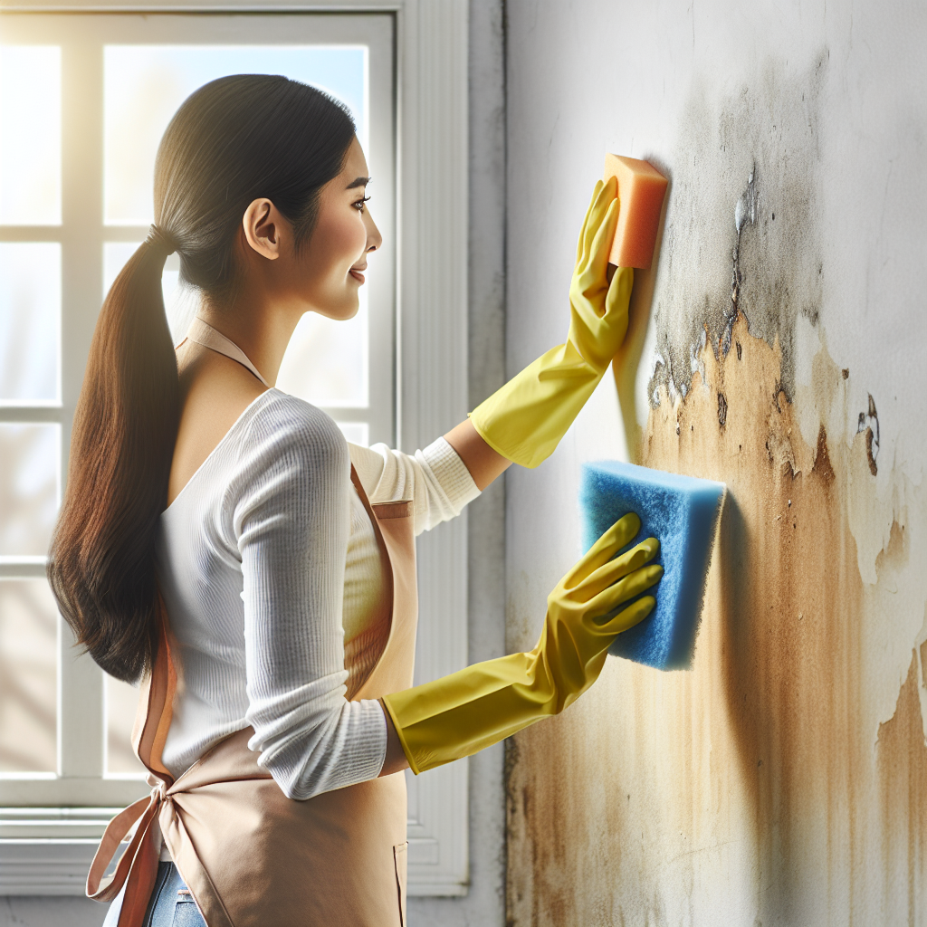 A person wearing protective gloves and a work apron is actively cleaning a wall with a sponge or cloth. One section of the wall is already visibly brighter and cleaner, contrasting sharply with the still-yellowed, nicotine-stained area next to it. In the background, a large window is wide open, letting in bright sunlight and fresh air, symbolizing renewal and progress. Realistic, bright, and hopeful style.