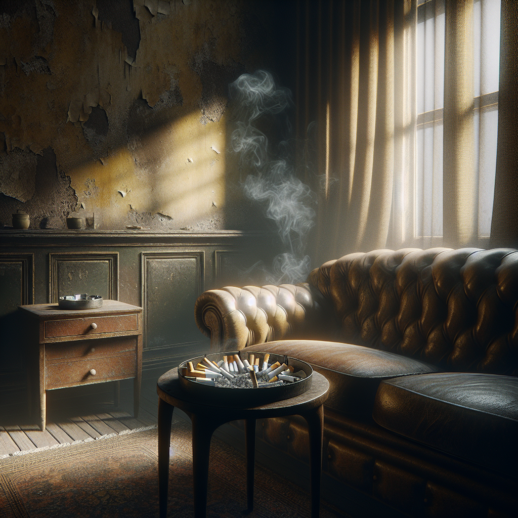 A dimly lit, slightly stale-looking living room with a faint yellowish tint on the walls and curtains, indicating lingering nicotine residue. An old ashtray with a few cigarette butts sits on a coffee table, adding to the unwelcoming atmosphere. Realistic photo.