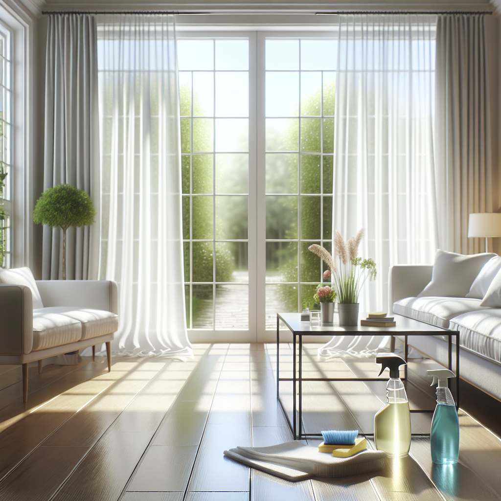 A bright and airy living room, sparkling clean and filled with natural light. Windows are wide open, sheer white curtains gently billowing in a fresh breeze. Cleaning supplies like a spray bottle and a clean cloth are neatly arranged on a table, symbolizing a successful deep clean. The room exudes a sense of freshness and purity. Realistic photo.