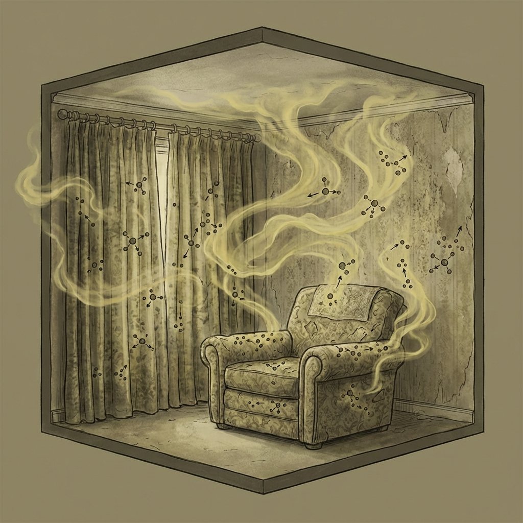 A cross-section or cutaway view of a room, illustrating the pervasive nature of nicotine smell. Visible, swirling, yellowish smoke-like particles are shown clinging to and deeply penetrating porous surfaces like fabric curtains, a textured wallpapered wall, and the cushions of an old sofa. Tiny, microscopic chemical molecules are depicted as arrows or dots embedding themselves into the material fibers. The air in the room appears stale and heavy, with a subtle yellowish tint. The overall impression is one of a trapped, stubborn odor. Use a slightly muted, atmospheric infographic style with subtle color differentiation to highlight the residue and penetration.
