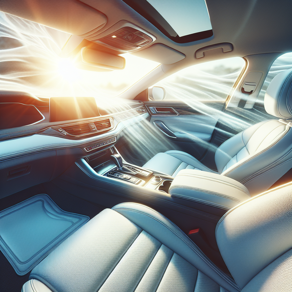 A meticulously clean and fresh car interior, bathed in bright, natural light. The seats, dashboard, and carpets are spotless, radiating a feeling of purity and newness, with a subtle breeze effect to emphasize air freshness. No trace of smoke or stale odor. Realistic, inviting.
