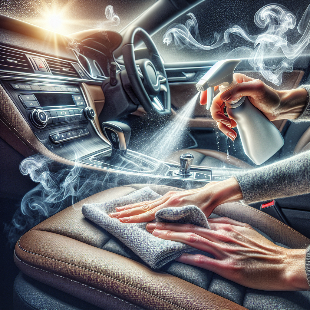 Close-up of a person's hands actively cleaning a car interior. One hand is using a specialized car cleaning spray on a fabric seat, while the other hand wipes the dashboard with a micro-fiber cloth. Subtle, translucent wisps of stale air or smoke are visibly dissipating, replaced by a gentle glow of cleanliness. Focus on the detailed process and transformation. Realistic, dynamic.