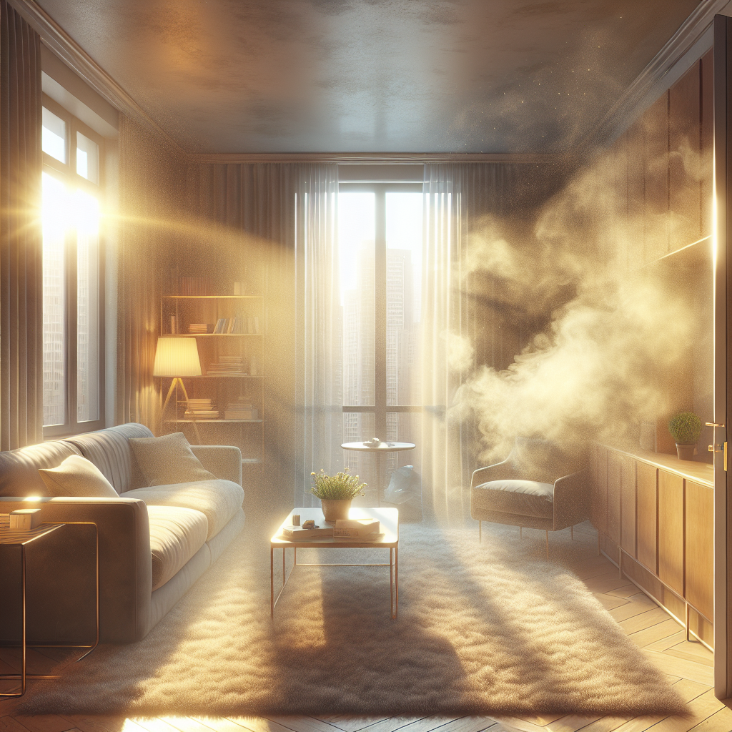 A cozy yet slightly dingy apartment living room, with a subtle yellowish-brown haze permeating the air and clinging to furniture, suggesting a persistent, unpleasant nicotine smell. Sunlight streams through a window, highlighting dust motes and the stale atmosphere. The overall mood is one of neglected freshness. Photorealistic.
