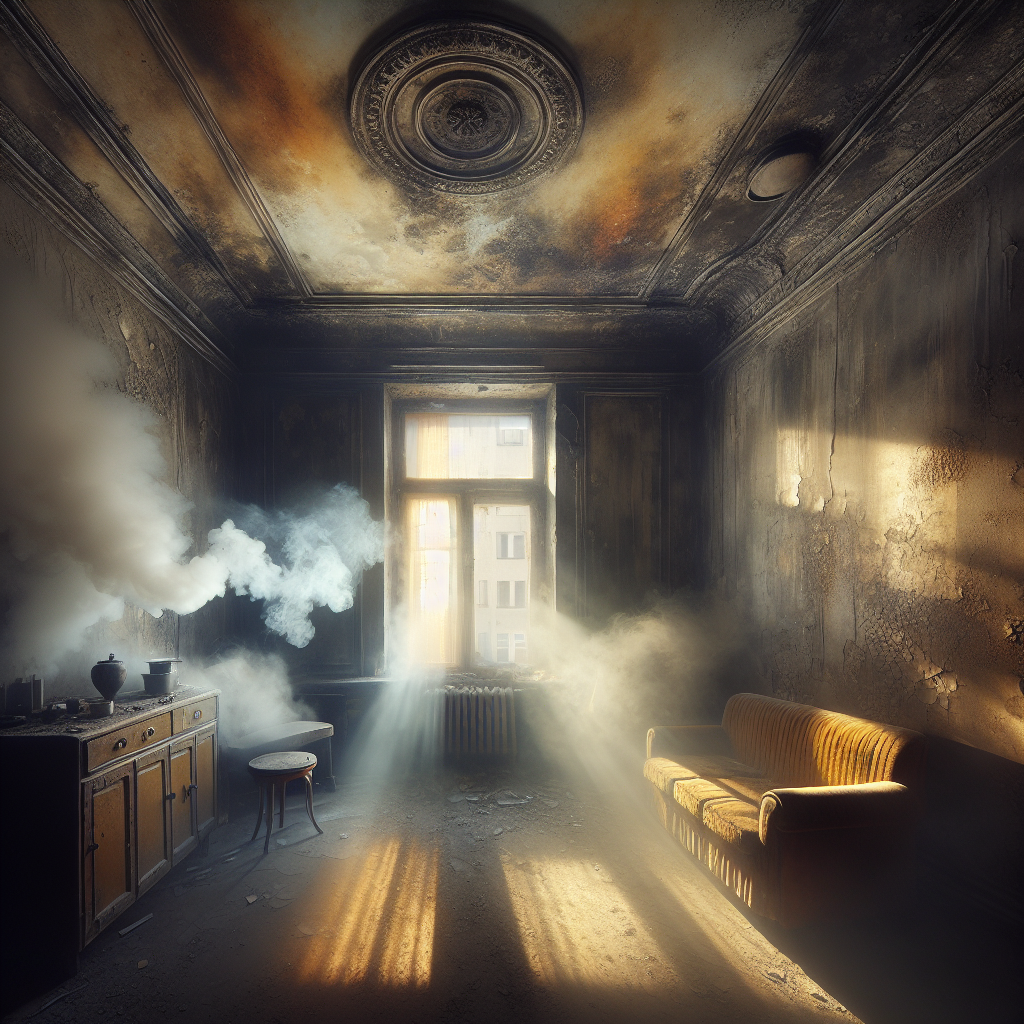 An interior shot of an old apartment room heavily affected by nicotine smoke. The walls and ceiling have a distinct yellowish-brown discoloration from cigarette tar. The air appears thick and stale, with a subtle haze. Light from a closed window weakly illuminates dusty, faded furniture, emphasizing the unpleasant and stubborn nature of the smoke smell. Realistic, slightly desaturated colors, conveying a sense of neglect and the need for a deep clean.