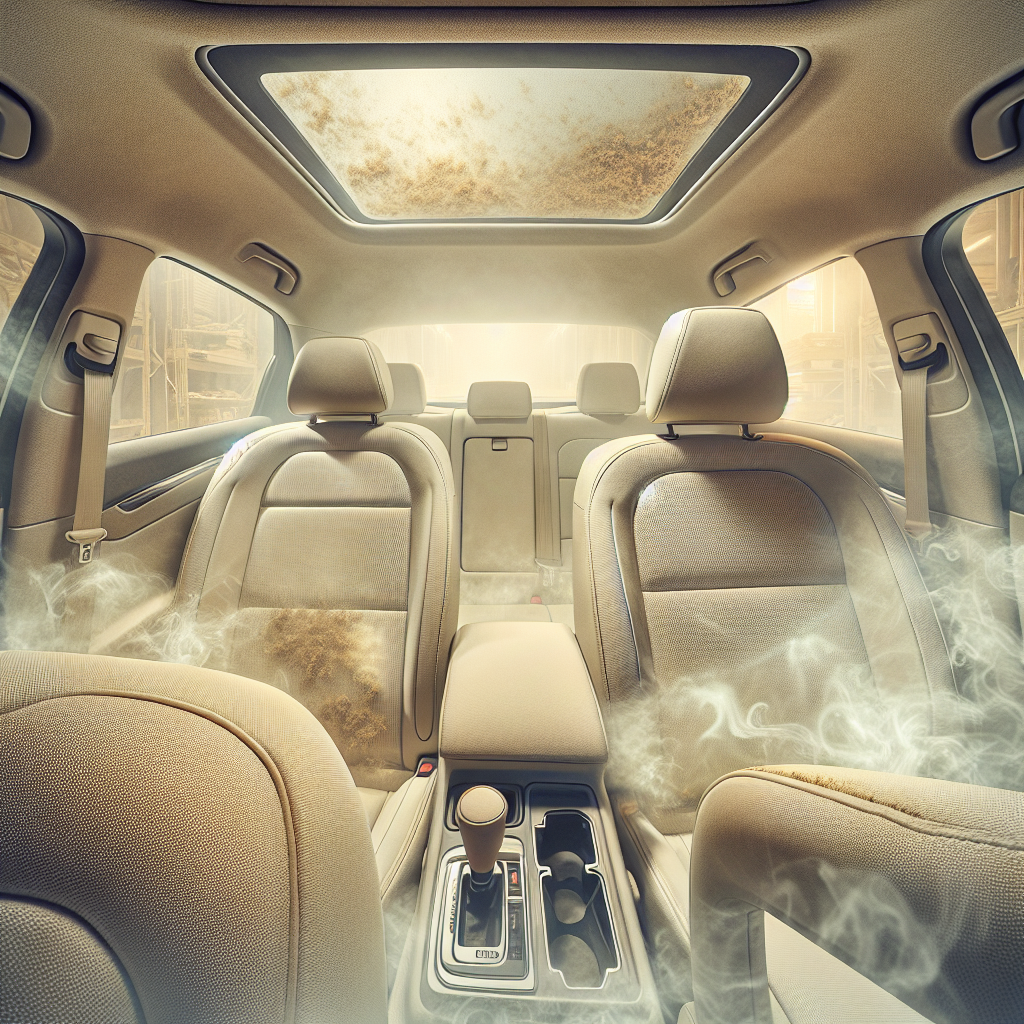 A close-up, realistic photo of a car interior heavily affected by cigarette smoke. Faint yellow-brown stains are visible on the light-colored headliner and plastic trim, indicating nicotine residue. The fabric seats appear dull and slightly discolored, with a subtle haze in the air, hinting at a strong, stale odor. The scene feels dingy and uninviting.