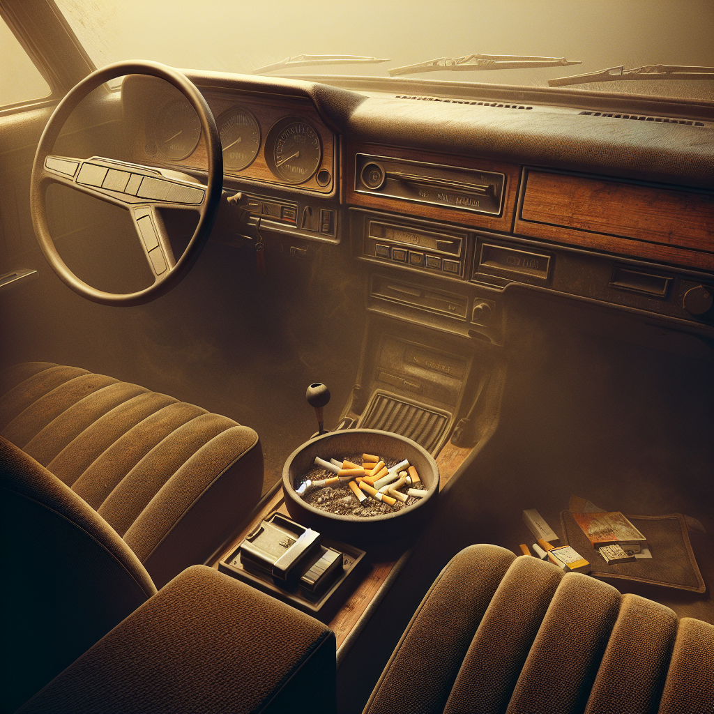 A realistic, cinematic shot of a car's interior, specifically focusing on the dashboard, front seats, and center console. The atmosphere is visually heavy and stale, with a subtle, yellowish-brown tint in the air indicating a strong, lingering cigarette smoke smell. Surfaces like the dashboard and upholstery show slight discoloration or a dull film. A small, old ashtray with a discarded cigarette butt or ash is visible, emphasizing the source of the odor. The overall mood should feel unpleasant and permeated, high detail.