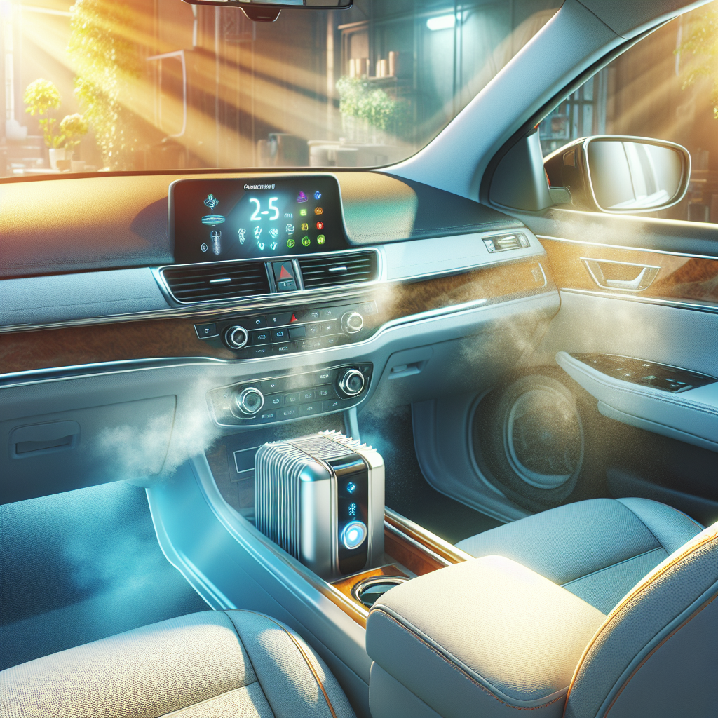 A bright, clean, and fresh-looking car interior bathed in natural sunlight, showing the dashboard and front seats. The air inside is visibly clear and crisp, with no hint of smoke or odors. On the passenger seat or floor, a sleek, modern ozone generator device is subtly visible, perhaps with a soft, clean light indicating it's working or has just finished. The car's upholstery, dashboard, and windows are sparkling clean, conveying a sense of renewed freshness and purity after effective treatment. High detail, vibrant and clean colors.
