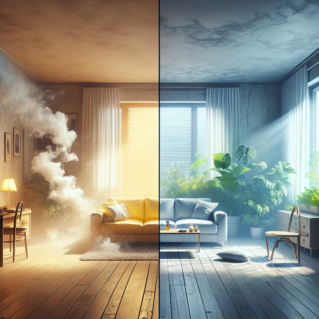 A split image showing the stark contrast between a room filled with a faint yellow haze and visible cigarette smoke, suggesting a strong nicotine odor, and the same room transformed into a bright, airy, and impeccably clean space with open windows, abundant natural light, and fresh green plants. Realistic, inviting photography style.
