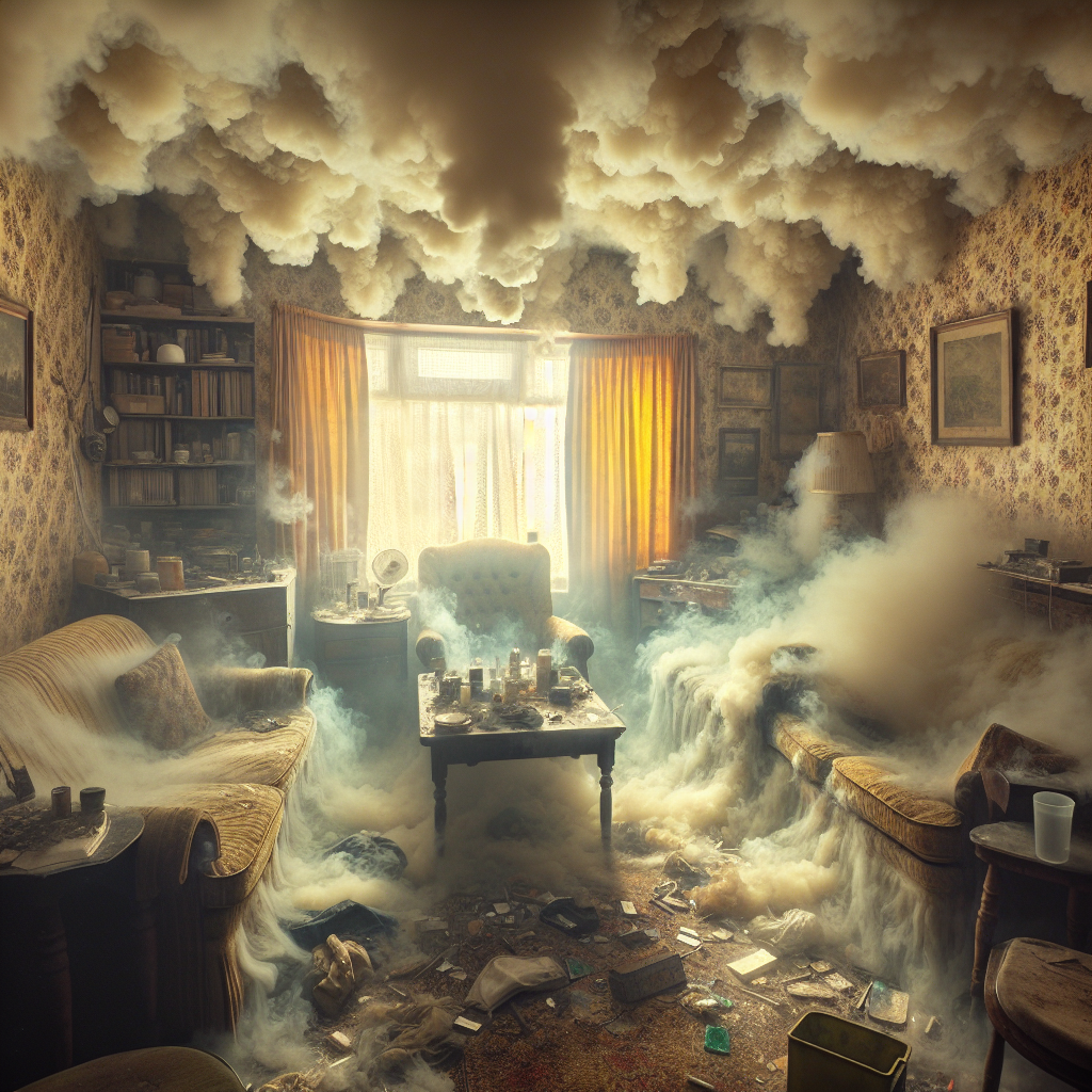 A photo-realistic depiction of a living room filled with a visible, stale, yellowish cigarette smoke, creating a heavy and unpleasant atmosphere. The smoke clings to furniture, curtains, and walls, suggesting a persistent and unwelcoming odor. The room appears dingy and in need of refreshing, emphasizing the problem of nicotine smell.