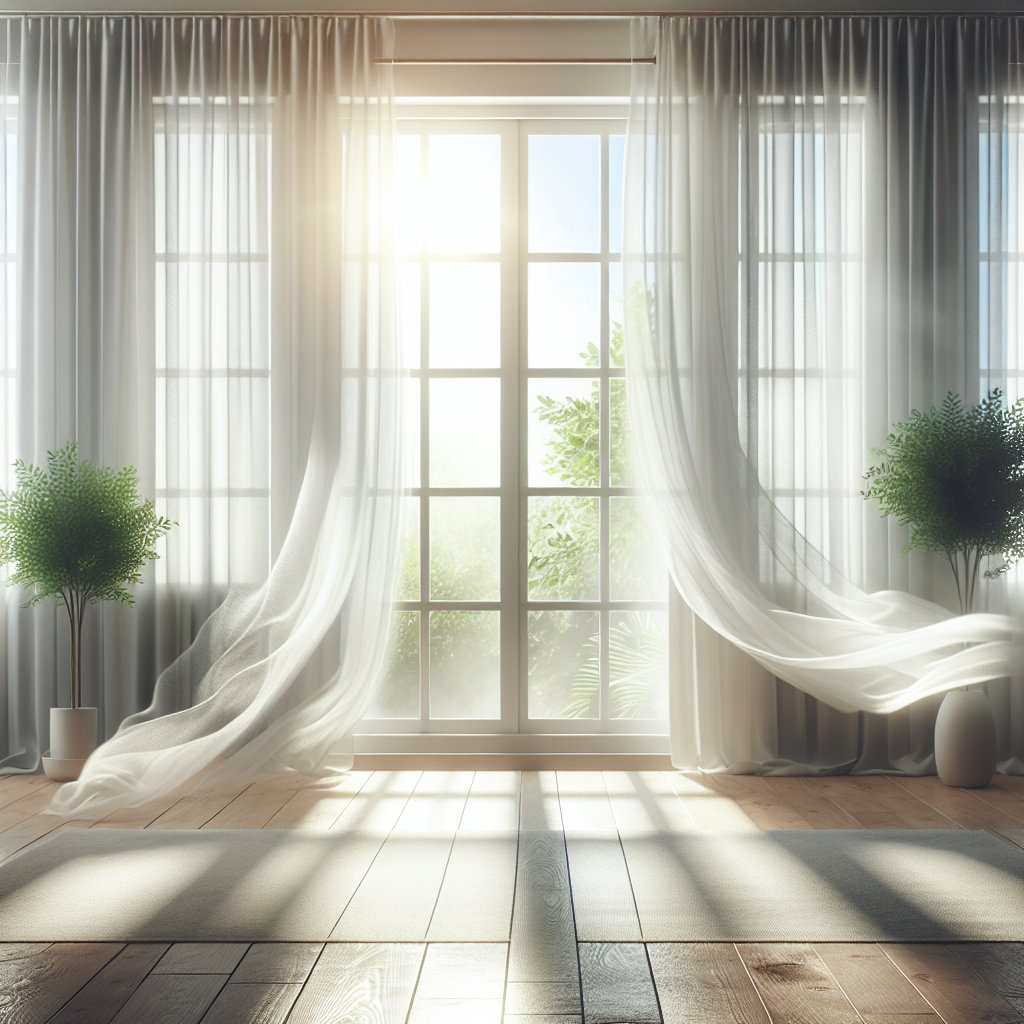A bright, clean, and airy living room bathed in natural sunlight. Windows are wide open, with sheer white curtains gently billowing, and the air looks visibly fresh and clear. There are potted green plants, and the room feels revitalized, inviting, and free from any unpleasant odors, symbolizing successful nicotine odor removal and a fresh environment.