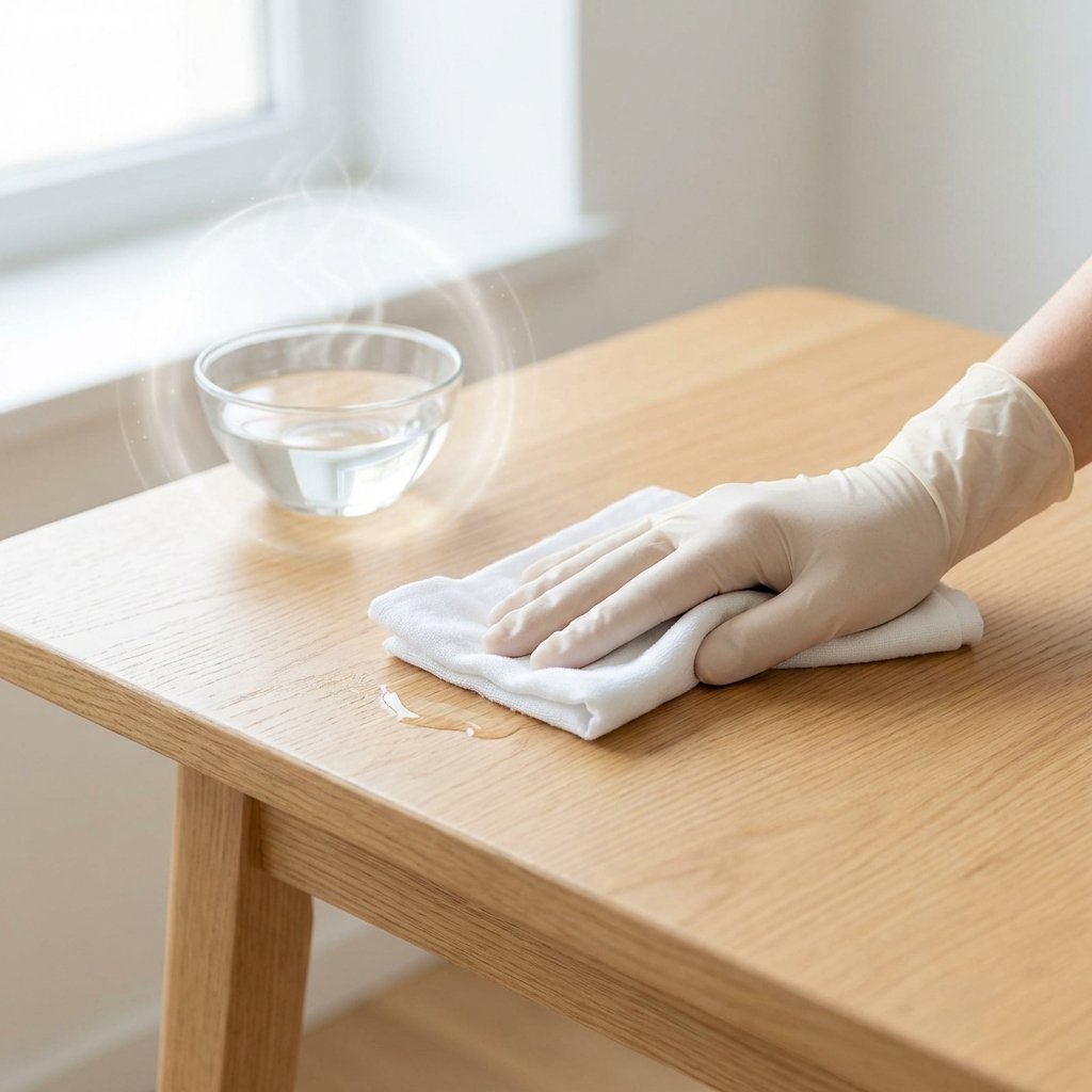 A bright, professional photo-realistic illustration showcasing the use of vinegar as a home remedy against nicotine smell. A clean, gloved hand is gently wiping a section of a light-colored, hard surface, like a wooden table or window sill, with a white cloth slightly damp with a clear liquid (representing vinegar solution). In the background, a small, elegant glass bowl filled with clear liquid (vinegar) is subtly placed on another surface, emanating a soft, invisible 'pull' on surrounding air, symbolizing odor absorption. The scene conveys cleanliness, freshness, and practical action.