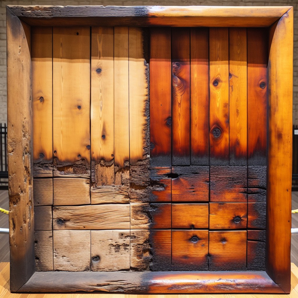 A rustic wooden dresser or cabinet, half of it visibly stained with a yellowish, smoky film, creating a stark contrast with the other half which is clean, restored to its natural wood grain, and glowing with freshness. The division clearly shows the before-and-after of removing nicotine smell.