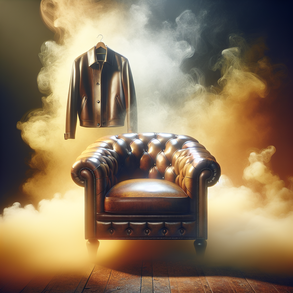 A close-up of a luxurious, deep brown leather armchair or a classic leather jacket. A subtle, unpleasant, yellowish-brown hazy aura visually represents a strong, deep-seated nicotine smell emanating from the material. The background is softly blurred, suggesting an indoor setting with stale air. The image evokes a feeling of the need for purification and freshness. Photorealistic, dramatic lighting.