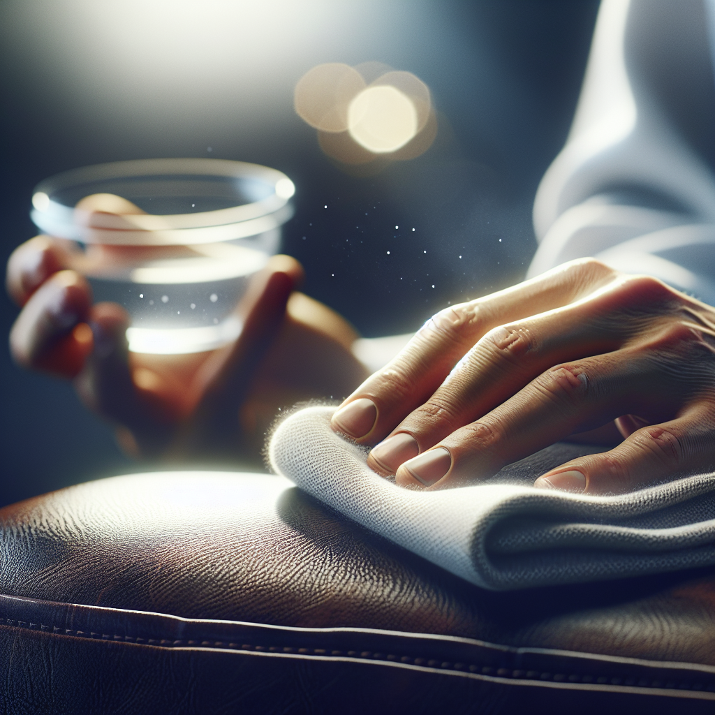 Close-up of gentle hands carefully wiping down a section of smooth, dark leather (e.g., a sofa armrest or a leather bag) with a soft, slightly damp cloth. In the background, softly out of focus, there's a small bowl with a clear liquid (suggesting vinegar water) and a sprinkle of white powder (suggesting baking soda). The scene conveys care, cleaning, and the process of restoring freshness to leather. Bright, clean, and airy lighting, photorealistic.