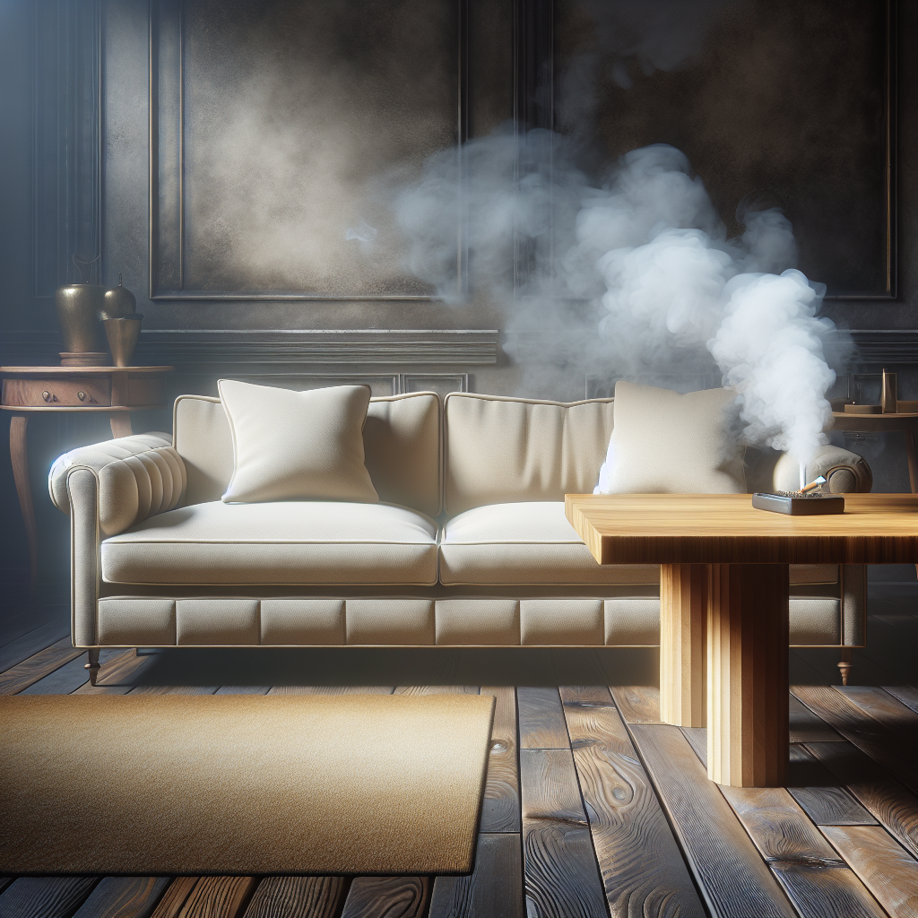 Ein stilvolles, aber sichtlich von Nikotingeruch gezeichnetes Wohnzimmer, in dem ein beigefarbenes Polstersofa und ein Holztisch mit einer subtilen, gelblichen Patina stehen. Der Raum wirkt leicht trübe und verbraucht, als würde der unangenehme Rauchgeruch hartnäckig in den Fasern und Oberflächen haften, trotz fehlendem sichtbaren Rauch. Realistisch, detailreich, mit Fokus auf die Atmosphäre des Geruchs.