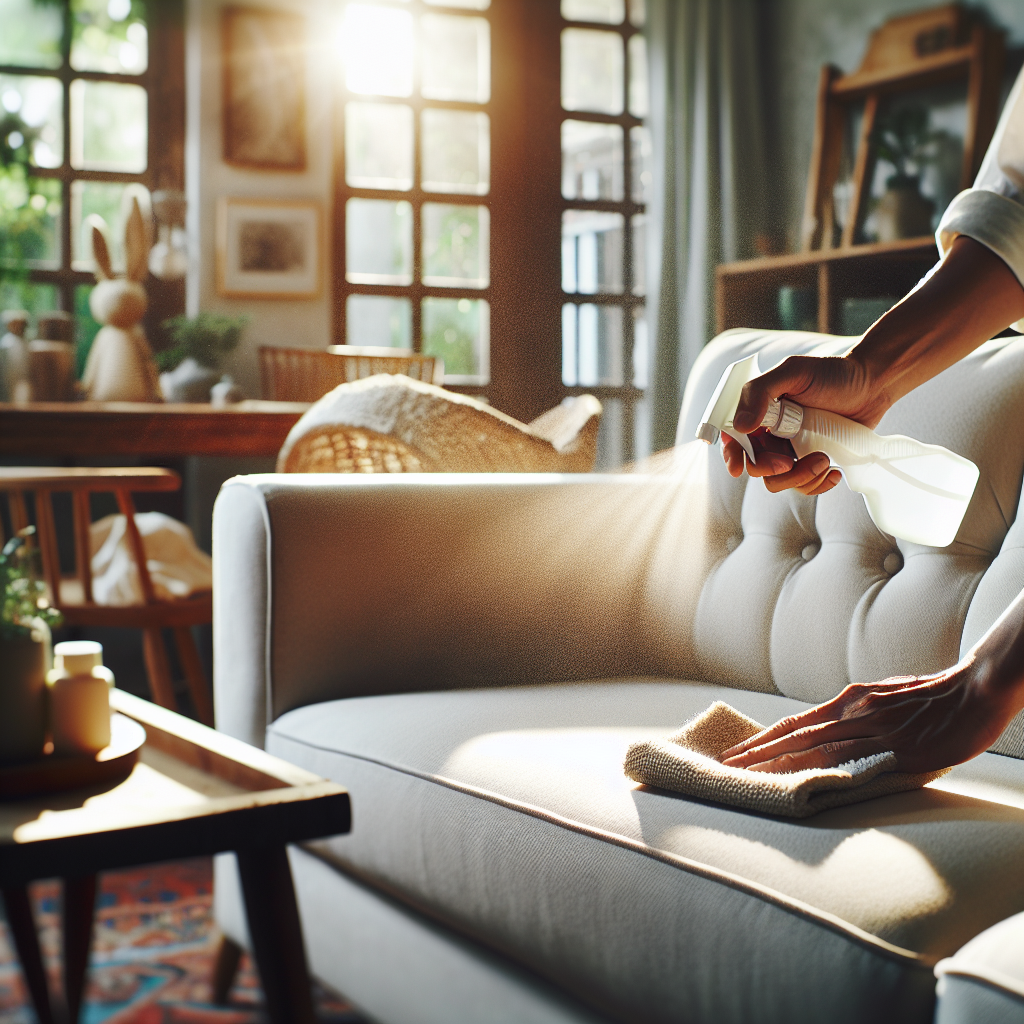 An inviting, sunlit living room with a person (only hands visible) meticulously cleaning a plush, light-colored sofa. One hand holds a spray bottle with a fine mist, and the other gently wipes the upholstery with a clean cloth. The sofa looks noticeably fresher where it's been cleaned, implying the removal of odors. An open window in the background allows natural light and fresh air to stream in. Emphasize a clean, domestic atmosphere. Realistic photography style.