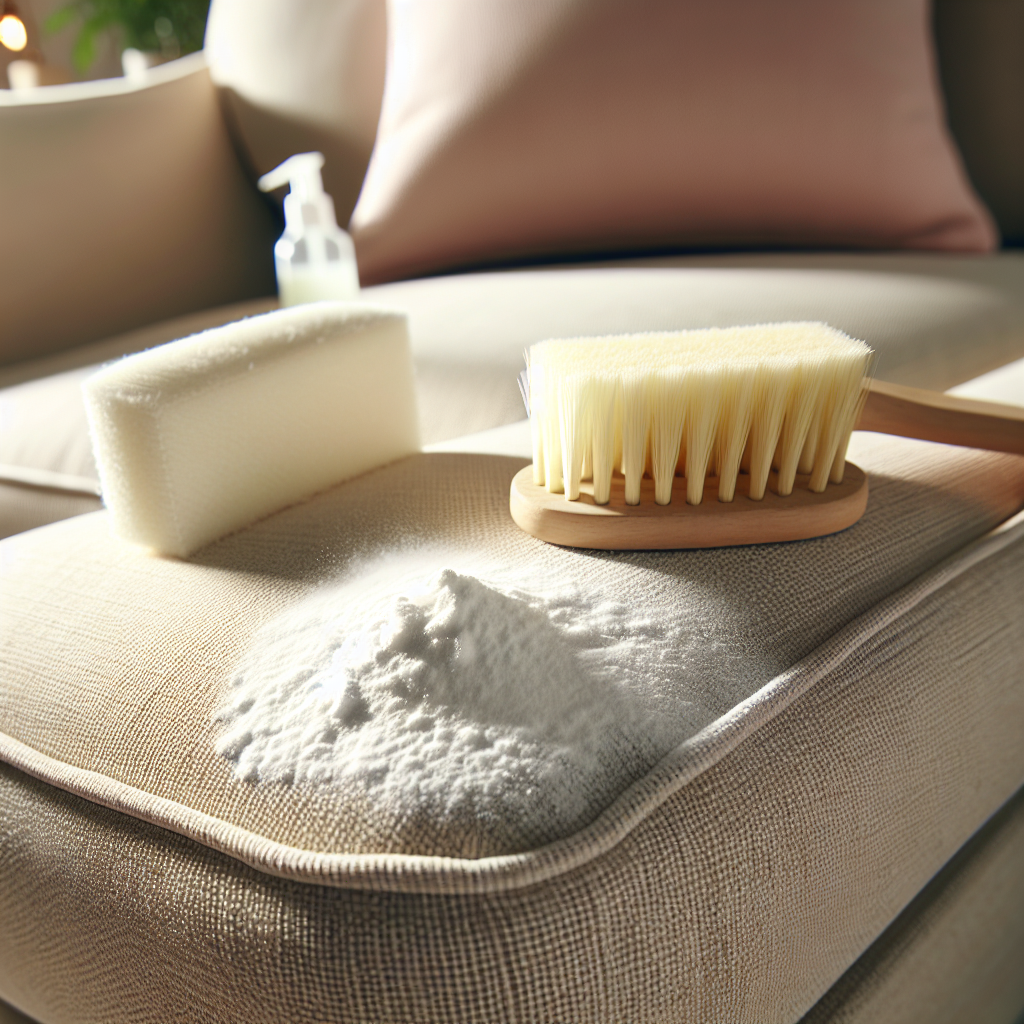 A close-up, slightly elevated shot of a modern sofa's fabric upholstery. White powder, representing baking soda, is generously sprinkled over a section of the fabric. Next to it, a small, soft-bristled brush is poised, ready to work the powder in. The setting is clean and well-lit, highlighting the DIY aspect of odor removal. The focus is on the textured fabric and the cleaning agent. Realistic, bright, and clean aesthetic.
