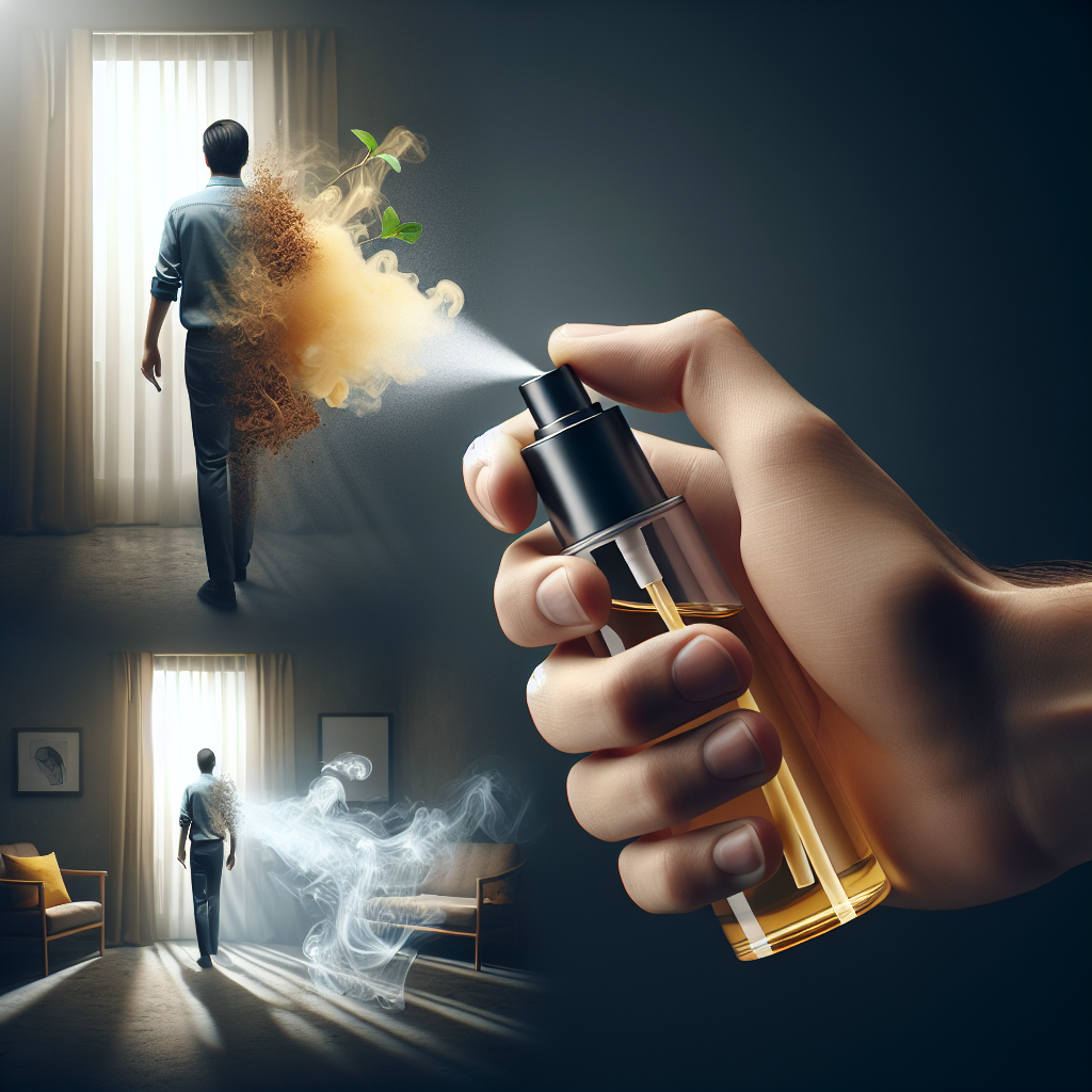 A close-up of a hand holding a modern spray bottle, misting into a room visibly clouded with a yellowish, smoky haze representing stubborn nicotine smell. The area where the mist touches is transforming into clear, fresh air with bright, clean light, illustrating the effective removal of the unpleasant odor. Realistic photo, dynamic lighting, high contrast.