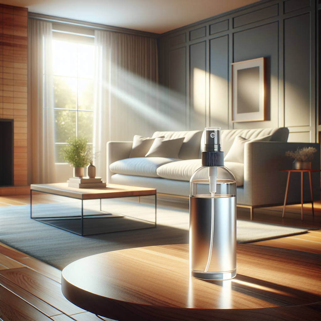 A bright, inviting living room interior, spotlessly clean and filled with fresh, natural light, emphasizing a sense of purity and no odors. A stylish, generic 'Nikotingeruch entfernen Spray' bottle is subtly placed on a polished wooden coffee table, symbolizing a solution that created this fresh atmosphere. Photorealistic, warm and inviting colors, soft focus on the background.