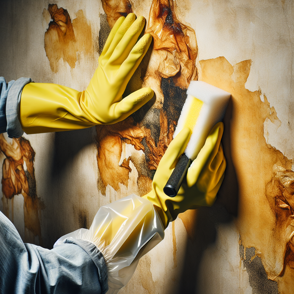 A person wearing protective gloves, diligently scrubbing a section of a wall with a sponge and cleaning solution. The wall shows visible yellow nicotine stains, and the cleaning action is creating a bright, clean stripe, symbolizing the removal of the stubborn smell and stains. Focus on the hands and the wall, with a sense of effort and progress.
