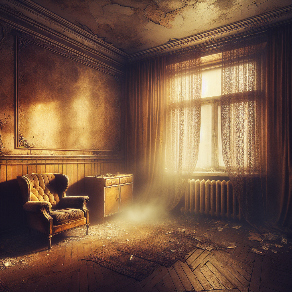 A dimly lit, vintage-style apartment room with a visible yellowish-brown film covering surfaces like walls, curtains, and an old armchair, clearly indicating heavy cigarette smoke residue. The air has a subtle haze, suggesting a lingering stale odor. The scene evokes a feeling of unpleasantness and neglect. Realistic, detailed, indoor photography.